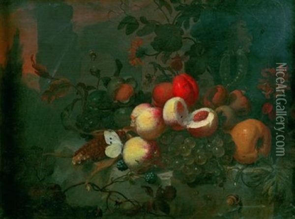 Nature Morte De Fruits Et Fleurs Sur Un Entablement De Pierre Oil Painting - Jan Mortel