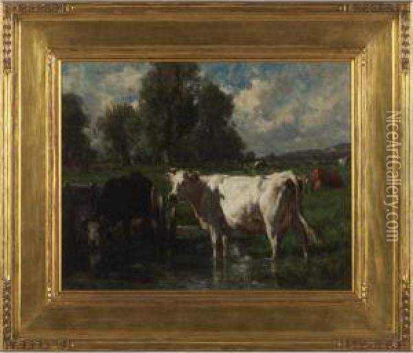 Wading Cows Oil Painting - Emile van Marcke de Lummen