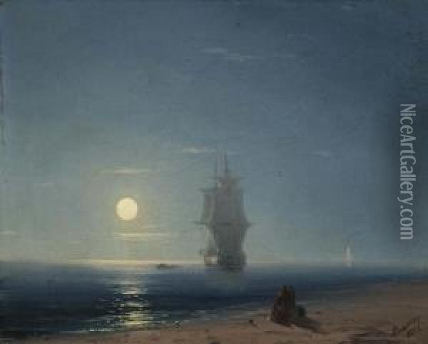 Schiffe Am Strand Im Mondschein. 1857. Oil Painting - Ivan Konstantinovich Aivazovsky