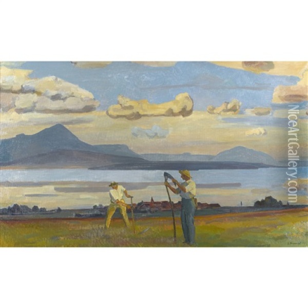 Sommerliche Seeuferpartie Mit Feldarbeitern Oil Painting - Jacques Elie Abraham Hermanjat
