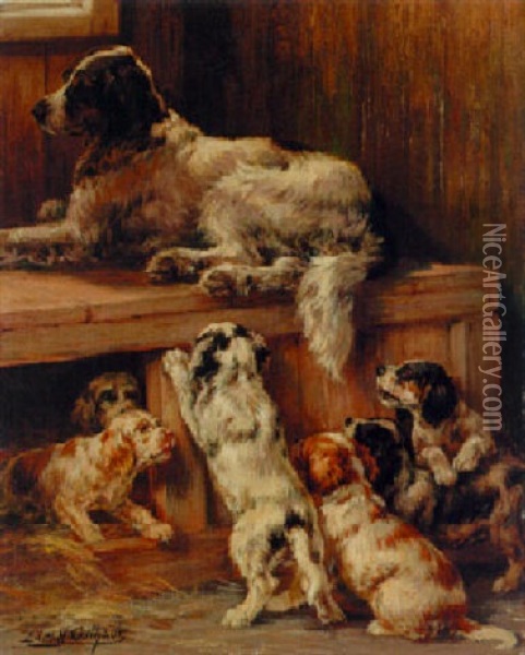 A Setter With Her Puppies In A Kennel Oil Painting - Edmund Henry Osthaus