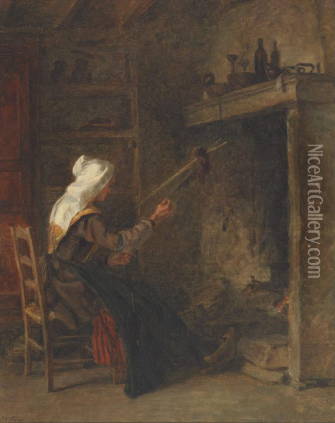 A Flemish Peasant Woman Weaving In Front Of A Fire; An Old Flemishpeasant Seated On A Balcony Oil Painting - Edouard Frere