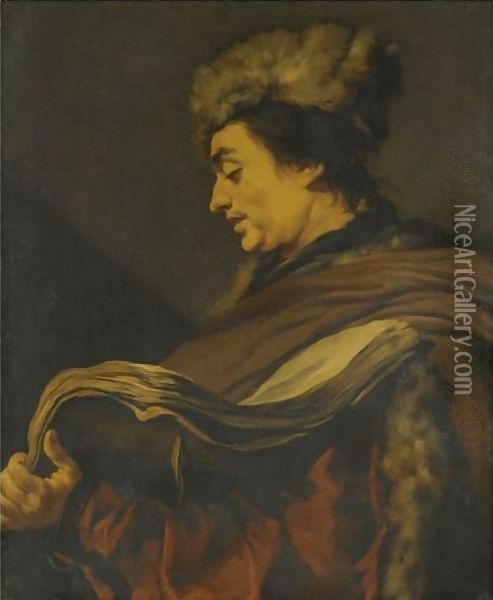 Profile Of A Man Wearing A Fur Hat And A Fur-Lined Coat, Holding A Book Oil Painting - Claude Vignon
