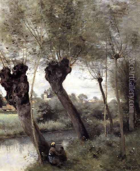 Saint-Nicholas-les-Arras; Willows on the Banks of the Scarpe Oil Painting - Jean-Baptiste-Camille Corot