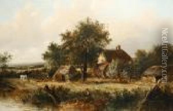 Thatched Cottage In A Country Landscape, Near Godalming, Surrey Oil Painting - Joseph Thors