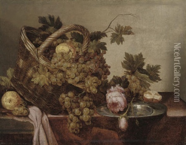 A Basket Of Grapes And Apples, With Roses And A Pewter Platter On A Table Oil Painting - Abraham van Beyeren