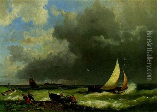 A Coastal Landscape With Fishermen Oil Painting - Hermanus Koekkoek the Elder