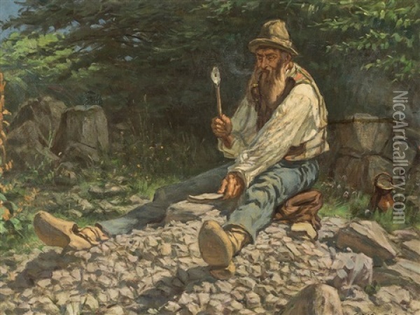 Old Man Working Oil Painting - Ernst Henseler