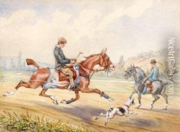 Cavaliers Sur Leurs Montures Et Chien Oil Painting - Du Arthur Marie, Comte Passage