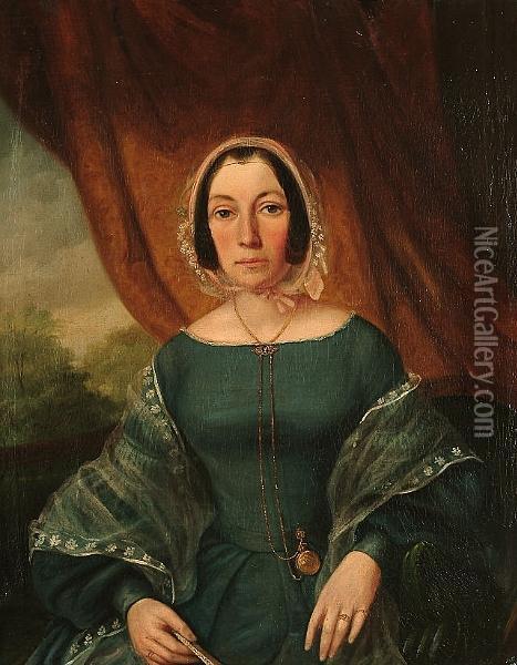 Portrait Of A Lady, Seated, Wearing A Blue Dress And Diaphanous Wrap; Portrait Of A Gentleman, Seated, Holding A Cane, A Landscape Beyond Oil Painting - Henri Jean Baptiste Jolly