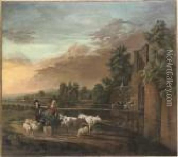 A River Landscape With A Shepherd And Shepherdess Oil Painting - Nicolaes Berchem
