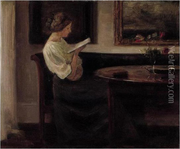 Interior Med Losende Kvinde (interior With A Woman Reading) Oil Painting - Carl Vilhelm Holsoe