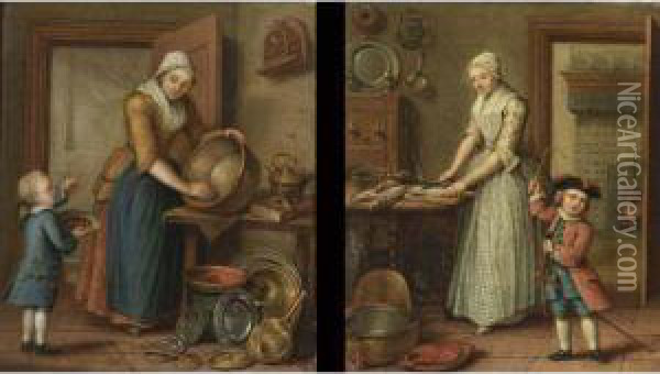 A Woman Cleaning Pots In An Interior With A Boy Eating Cherries; A Woman Preparing Fish In A Kitchen And A Child Playing (a Pair) Oil Painting - Abraham Hendrick van Beesten