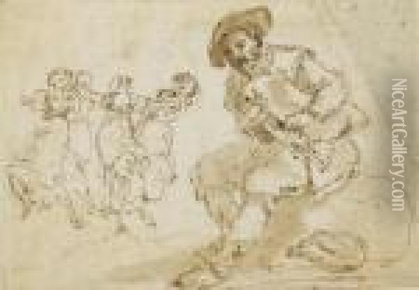 Un Homme Assis Jouant De La 
Cornemuse Et Des Femmes Dansant A L'arriere-plan (recto); Croquis 
(verso) Oil Painting - Hubert Robert