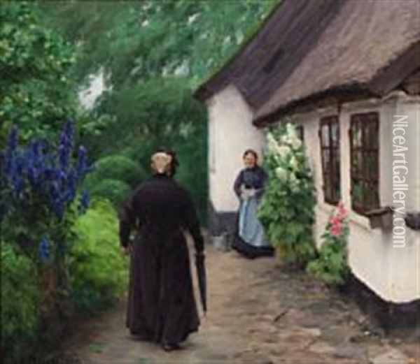 Two Elderly Women In Front Of A Cottage On A Quiet Summer Day Oil Painting - Hans Andersen Brendekilde