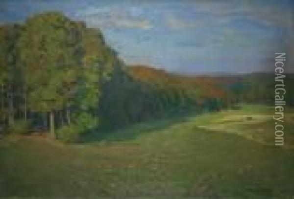 Hugelige Landschaft Mit Rehen Am Waldrand. Oil Painting - Hans Richard Von Volkmann