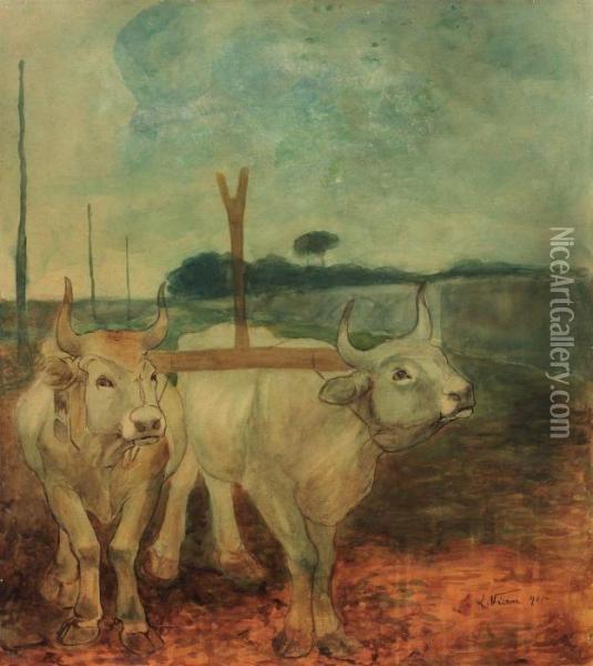 Buoi Nei Campi Oil Painting - Lorenzo Viani