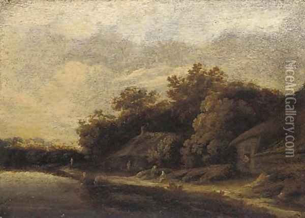 A river landscape with peasants by cottages Oil Painting - Guillaum Dubois