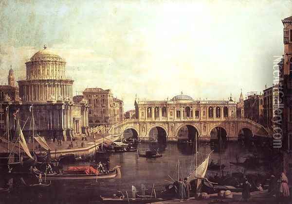 Capriccio The Grand Canal, with an Imaginary Rialto Bridge and Other Buildings Oil Painting - (Giovanni Antonio Canal) Canaletto