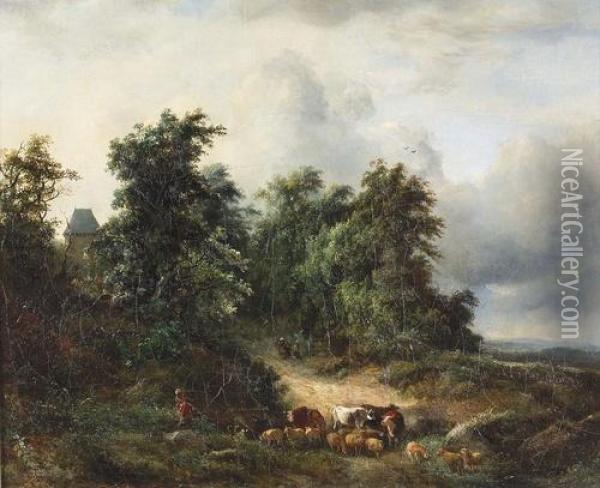 Hirtin Mit Kuhen Und Schafen In Einem Hohlweg. Oil Painting - Andre Jolivard