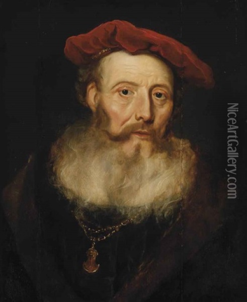 A Bearded Man With A Red Velvet Cap Oil Painting - Govaert Flinck