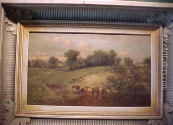 Cows Grazing In A Pastoral Landscape Oil Painting - Robert Spear Dunning