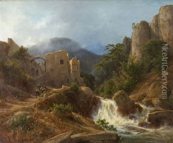 Berglandschaft Mit Wasserfall Oil Painting - Carl Johann Friedrich Adolf Roetteken