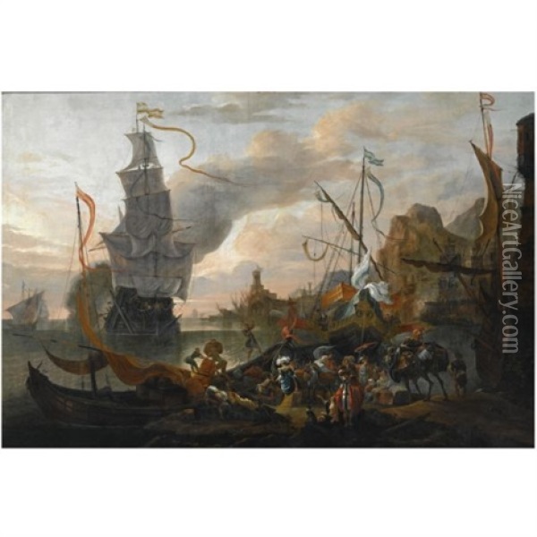 A Levantine Harbour With A Galley And A Man-of-war Coming In To Anchor, Together With Many Figures On Shore Oil Painting - Hendrich van Minderhout