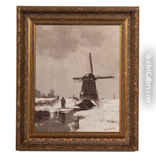 Winter Scene With Wind Mill Oil Painting - Gustav Wolff