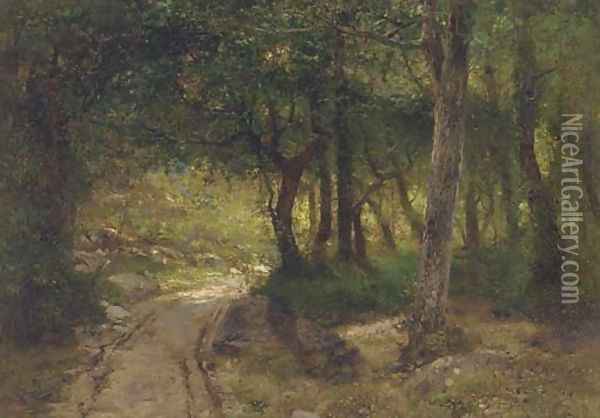 A track running through a sunlit glade Oil Painting - Francisco Masriera y Manovens