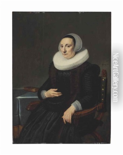 Portrait Of A Woman, Three-quarter-length, In A Black Embroidered Dress And A White Ruff And Lace Headdress Oil Painting - Michiel Janszoon van Mierevelt