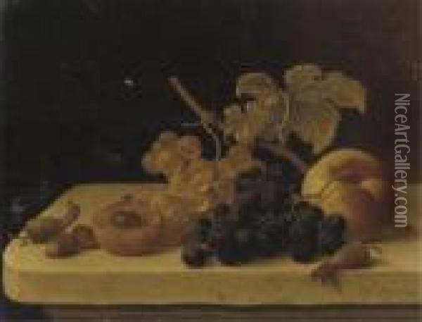 Grapes, Acorns, An Apricot And A Peach On A Ledge With A Fly Oil Painting - Emilie Preyer
