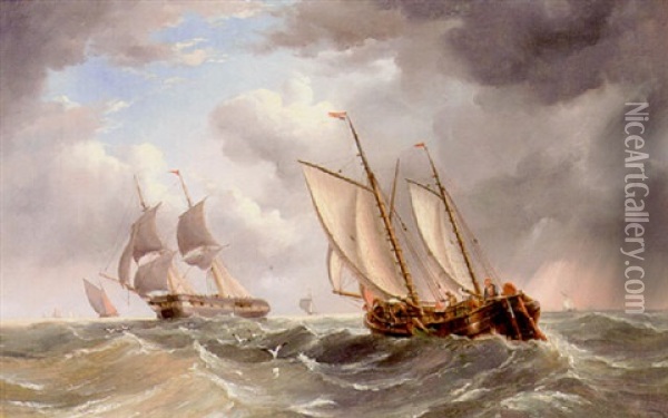 A Lugger And A Man-o-war In A Swell Oil Painting - Henry Redmore
