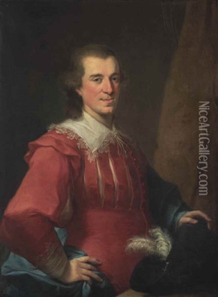 Portrait Of A Gentleman, Half-length, In A Red Slashed Doublet, His Left Hand On A Plumed Hat Oil Painting - Angelika Kauffmann
