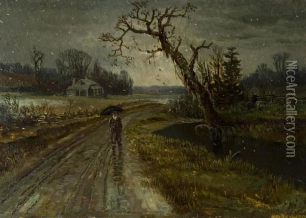 A Rainy Walk. Oil Painting - Homer Ransford Watson