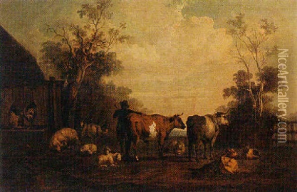 Cattle And Sheep Outside A Farm Building, Accompanied By A Herdsman Blowing A Horn Oil Painting - Simon van der Does