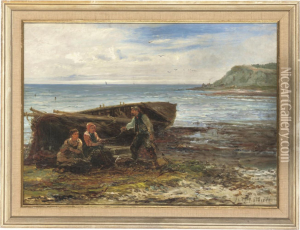 Fisherfolk On The Beach Oil Painting - John Chalmers