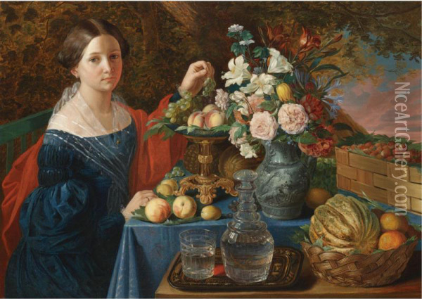 Portrait Of A Young Lady With Flowers And Fruit Oil Painting - Ivan Fomich Khrutskii