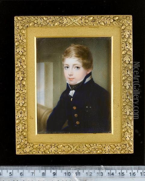 Augustus Morgan R.n., As A Young Midshipman, Wearing Blue Uniform, The Gold Buttons Stamped With Anchors, Frilled White Chemise And Tied Black Stock, A Cannon And Gun Port In The Background Oil Painting - John Cox Dillman Engleheart