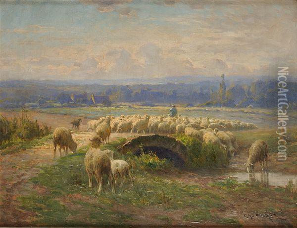 Berger Et Ses Moutons Dans Un Paysage Oil Painting - Charles Clair