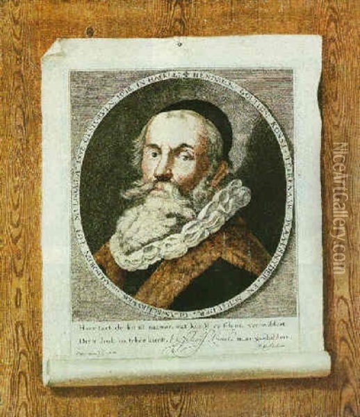 A Trompe L'oeil Of An Engraved Portrait Of The Painter Hendrick Goltzius Pinned To A Wooden Panel Oil Painting - Willem van Nymegen