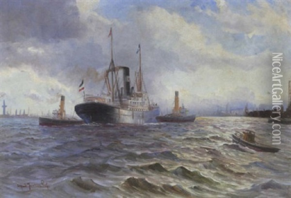 Dampfer Mit Lotsenbooten Bei Der Abendlichen Ausfahrt Aus Dem Hamburger Hafen Oil Painting - Alfred Serenius Jensen