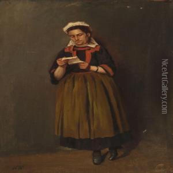 A Young Woman Reading A Letter Oil Painting - Andreas Christian Riis Carstensen