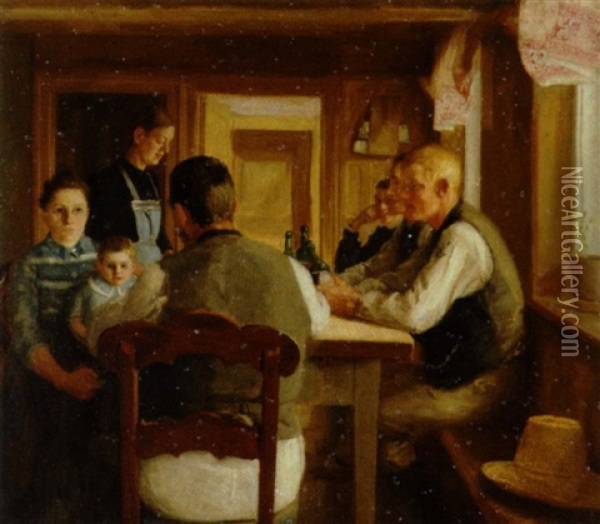 Familien Er Samlet Ved Spisebordet, Maendene Drikker Ol Af Flaske Oil Painting - Soren Christiansen