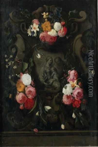 Sainte Famille En Grisaille Dans Un Cartouche Baroque Entoure De Trois Bouquets De Fleurs Oil Painting - Erasmus Quellinus II