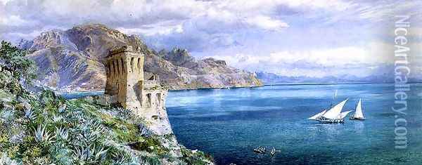 The Old Watch Tower overlooking the Bay of Salerno, c.1861 Oil Painting - Frederick Townsend