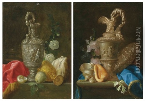 An Ornate Silver Ewer, A Gilt Chalice, Shells And A Quince, On A Partly-draped Stone Ledge; And An Ornate Silver Ewer, A Silver Basin With The Judgement Of Paris, Shells And Flowers, On A Partly-draped Stone Ledge Oil Painting - Meiffren Conte