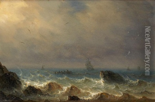 Marine Par Temps Calme Et Marine Par Gros Temps (pair) Oil Painting - Henriette Gudin