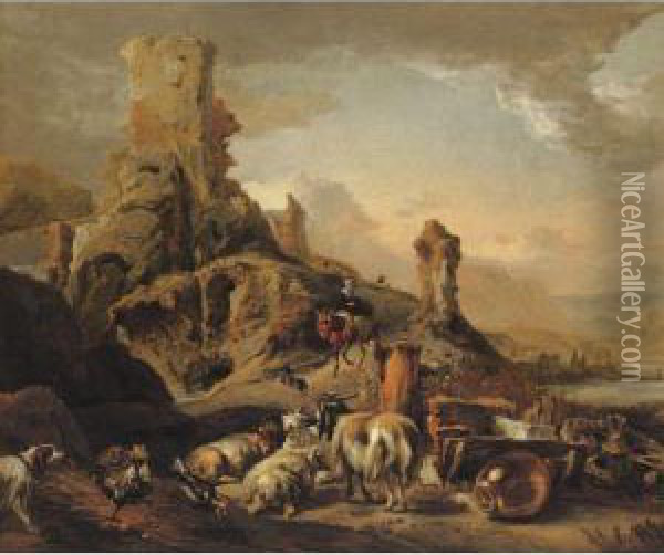Shepherdess And Her Flock On A Path Oil Painting - Jan Baptist Weenix