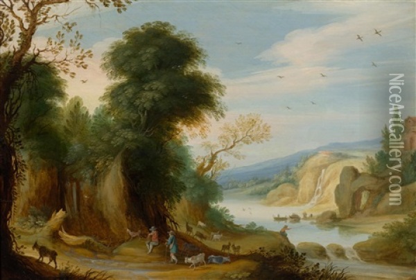 Landscape With River, With Herders, Goats And An Angler Oil Painting - Adriaen Van Stalbemt